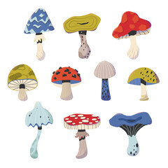 Set of bright trippy forest mushrooms. Vegetarian natural seasonal food. Edible mushrooms, toadstools, fly agarics. Decorative, whimsical mushrooms