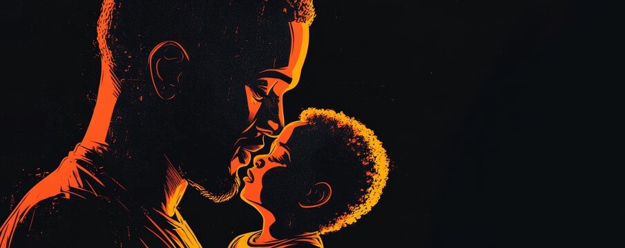 Illustration of an African-American father with his little son on a black background, celebrating the bond between father and child, Generative AI