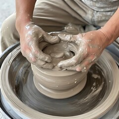 Potter's hands shaping clay on a pottery wheel