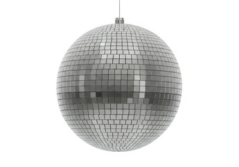 A classic disco ball covered in mirrors, reflecting light and hanging from a string isolated on transparent background