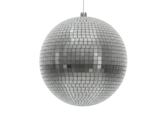 A classic disco ball covered in mirrors, reflecting light and hanging from a string isolated on transparent background
