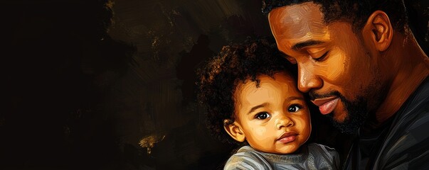 Illustration of an African-American father with his little son on a black background, celebrating the bond between father and child, Generative AI