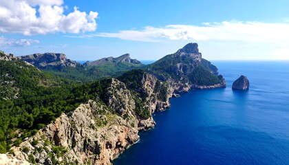 Fototapeta premium Coastal vista of dramatic cliffs and lush vegetation