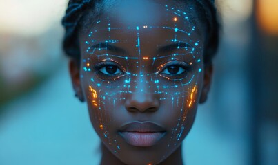 African American female cyber security analyst utilizing AI facial mapping technology for smart security systems, improving data protection, Generative AI