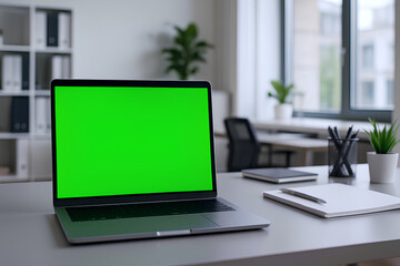 Modern office desk with green screen laptop