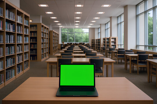 Modern library with laptop green screen