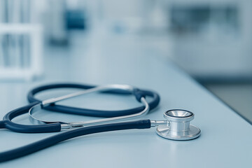 A navy blue stethoscope lies on a sleek medical lab table, symbolizing health checkups, diagnostics, and professional care in a modern clinical setting.