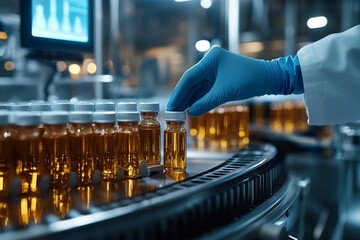 Pharmaceutical scientist inspecting medical vials, illustrating AI-assisted precision in mass production of medication, Generative AI