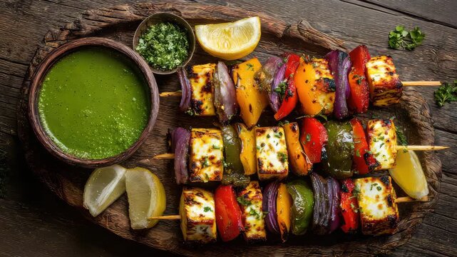 Top-Down View of Grilled Paneer Tikka Skewers Arranged Neatly on a Rustic Wooden Platter