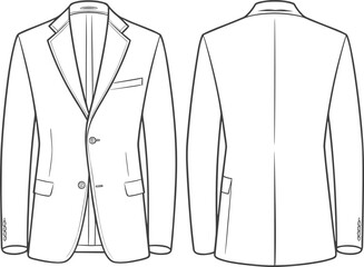 Formal men’s blazer flat sketch, technical fashion illustration, front and back view, cad vector template, tailored jacket design drawing