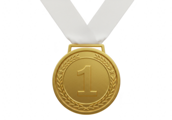 A gold medal with a white ribbon for first place, isolated on a transparent background