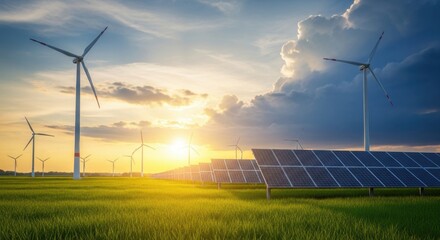 Sustainable Renewable Energy Farm with Solar Panels and Wind Turbines in a Green Field