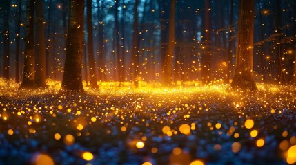 Forest floor aglow; tiny sparkling lights illuminate a path. Dark trees rise to a dim, blurred sky