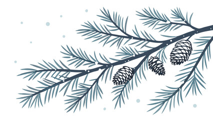 Artistic depiction of a pine branch with cones and subtle snowfall elements with a wintery and festive themed design.