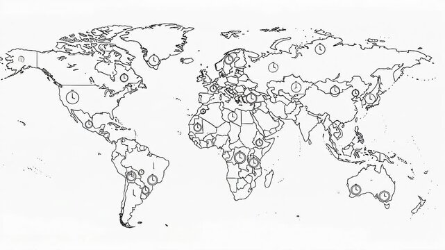 World Map with Time Zones Depicted by Clocks.