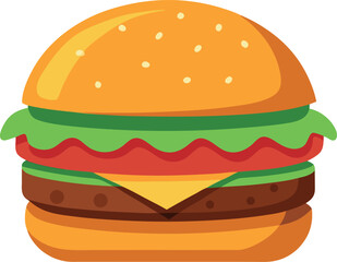 Vector art of a mouthwatering hamburger with all the fixings, including a juicy beef patty, fresh lettuce, ripe tomato, and melted cheese, isolated on white