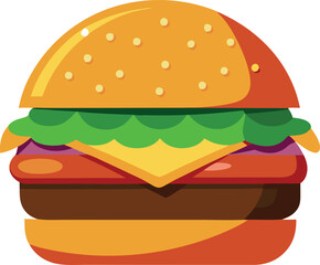 Vector art of a delicious hamburger featuring a thick beef patty, crisp lettuce, juicy tomato, and melted cheese, presented on a white background
