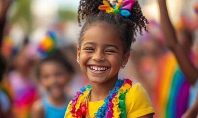 Happy young multiracial children celebrating pride festival, dancing with joy and  inclusivity during childhood party, Generative AI