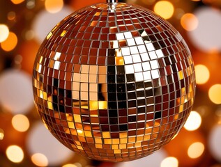 Obraz premium Close-up of a shiny disco ball reflecting warm golden lights in a festive setting, symbolizing dance, celebration, nightlife, and party atmosphere with a retro and glamorous vibe