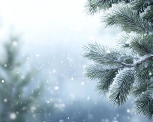 A close-up of fresh snowflakes on a pine tree branch, with a soft winter sky in the background. The delicate snowflakes rest on the pine branches, with a soft winter sky providing a