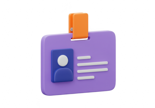 A modern 3d render of a purple identification card with an orange clip, isolated on a transparent background