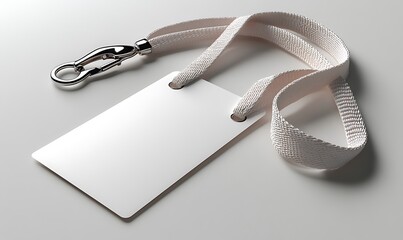 Blank white name badge mockup with silver clip and white lanyard

