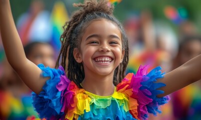 Happy young multiracial children celebrating pride festival, dancing with joy and  inclusivity during childhood party, Generative AI