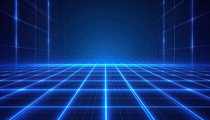 Abstract blue grid perspective background with glowing lines creating a futuristic, technological, and immersive space.