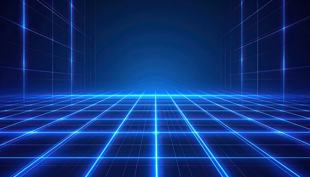Abstract blue grid perspective background with glowing lines creating a futuristic, technological, and immersive space.