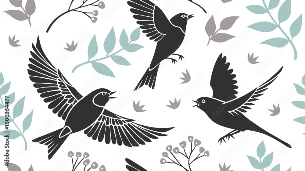Poster elegant vector illustration of birds in flight surrounded by minimalist botanical elements creating 