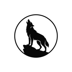 Silhouette of a wolf howling at the moon on a rock