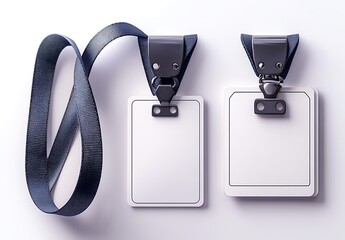 Blank name badge mockup with black lanyards

