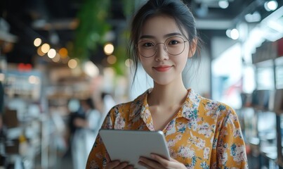 Asian woman using tablet with AI technology, engaging in modern technological advancements for productivity, Generative AI