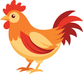 Vector art of a vibrant cartoon rooster with orange and yellow feathers stands proudly, showcasing its red comb and tail feathers