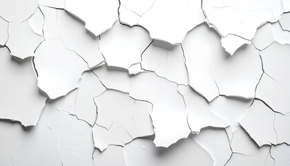 Cracked white paint on a wall, showing intricate patterns of fissures and separations.