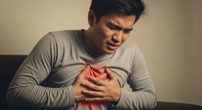 Young Man Experiencing Severe Chest Pain, Indicating Potential Heart Attack or Angina