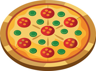 Vector art of a delicious cartoon pizza topped with pepperoni and green peppers is presented whole, ready to be sliced and enjoyed