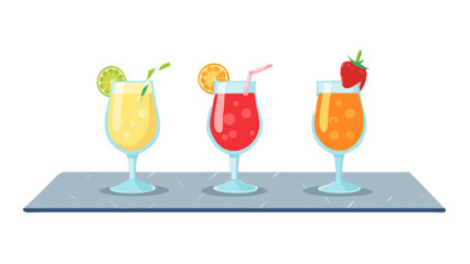 Three colorful cocktails with fruit garnish and straws sitting on a gray surface in a row