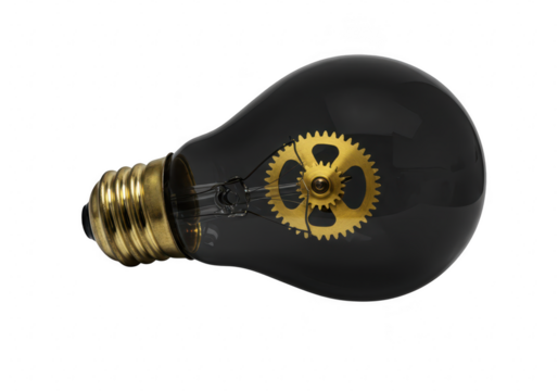 A vintage steampunk lightbulb with a golden gear inside, isolated on a transparent background