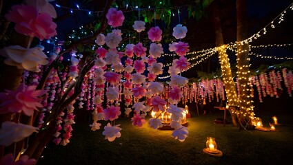 Vibrant Night Street Fair with Paper Streamers, Lanterns, and Neon Lights in a Festive Cultural Setting