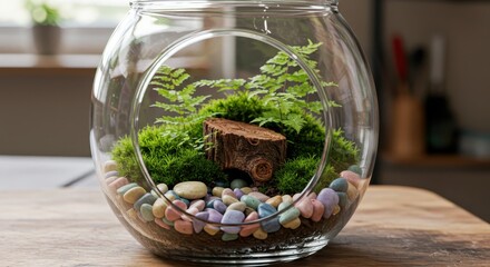 Lush Miniature Garden in Glass Bowl with Ferns, Moss, and Colorful Pebbles in Home Decor Setting