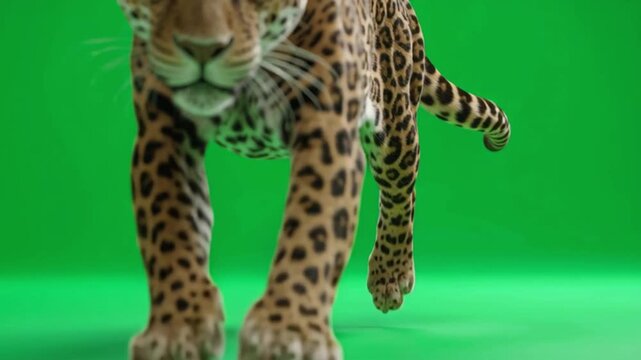 A jaguar walking towards the viewer on a green screen looking directly at the camera with intensity green screen animal video