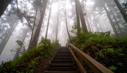 Foggy Forest Stairway Ascent stairs wood