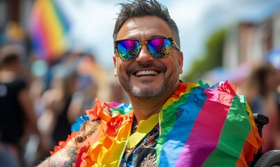 Happy proud gay disabled man in wheelchair wearing pride rainbow flag during pride festival in England, Generative AI