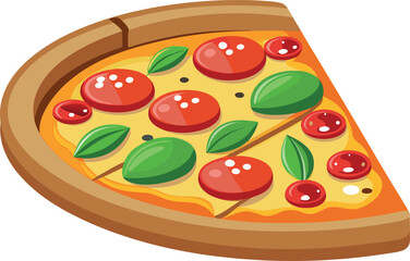Vector art of a tasty slice of pepperoni pizza, adorned with fresh basil and rich cheese, presented on a plain white background