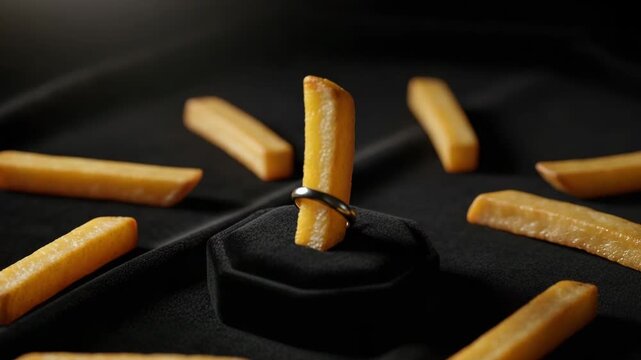 Fried potato wedges displayed like jewelry on black velvet, one resting on a small cushion. Rich lighting highlights their golden color and crispy texture. A luxurious and surreal food concept in phot