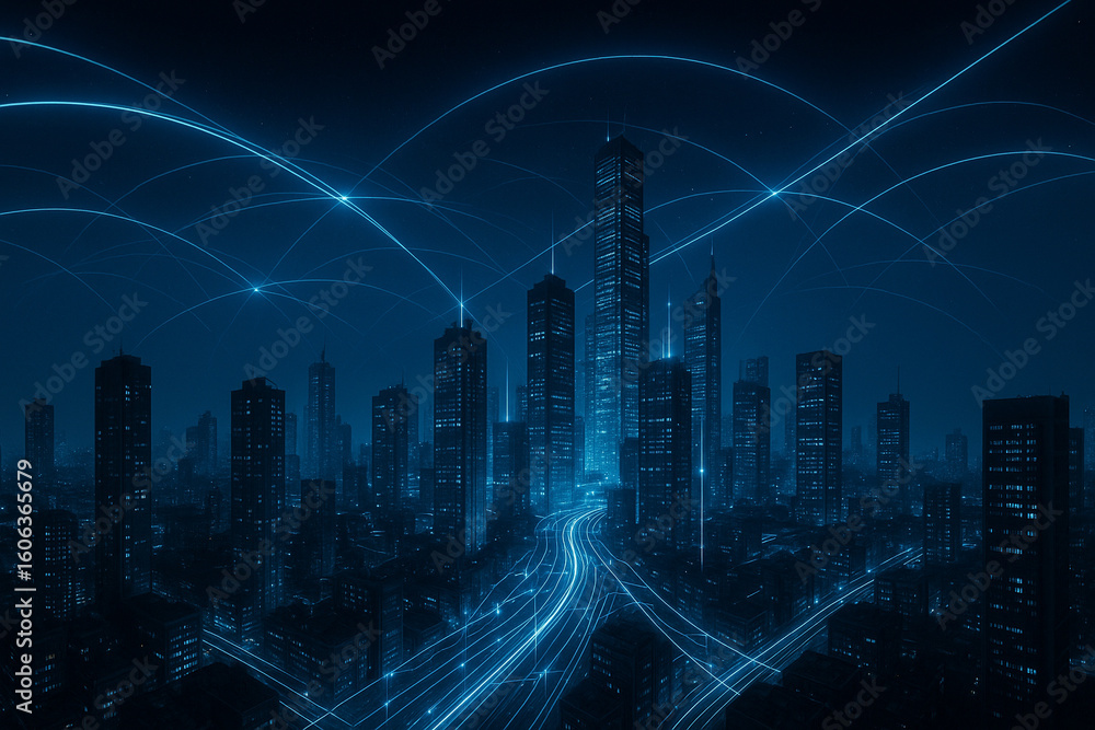 Poster dynamic cityscape illuminated by glowing digital network lines, symbolizing connectivity and future 