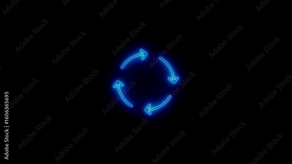 Poster blue neon arrows forming a circular cycle symbolizing process and infinite loop on black