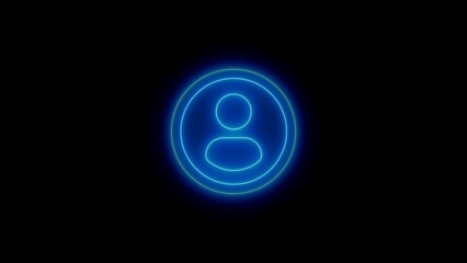 Glowing neon blue user icon with a circle on a black background representing profile