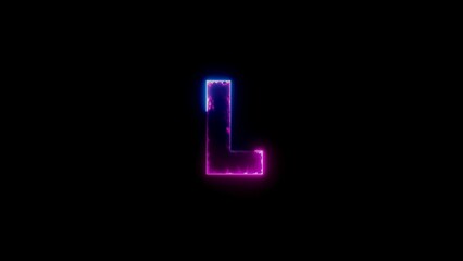 Neon letter l glowing with purple and blue light against a dark black background